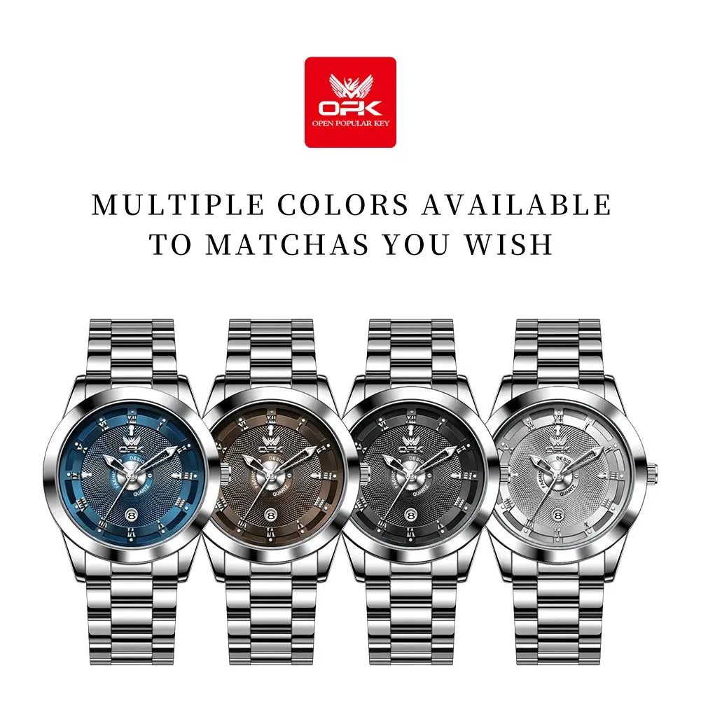 OPK 6056 men's stainless steel watch set with four color dials: blue, brown, black, and silver (Simples Market)