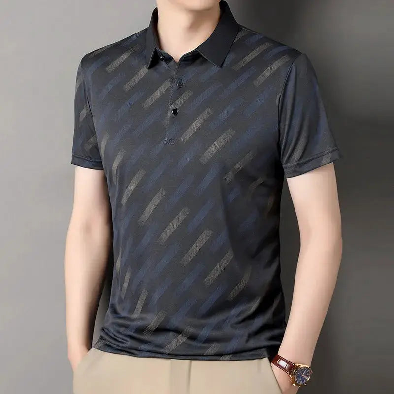Men's polo shirt with diagonal blue-gray stripes, short sleeves, polo collar
