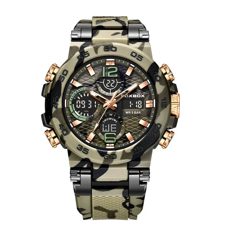 LIGE electronic men's wristwatch with camouflage strap, LED display, and waterproof design; BoxBox branding on dial
