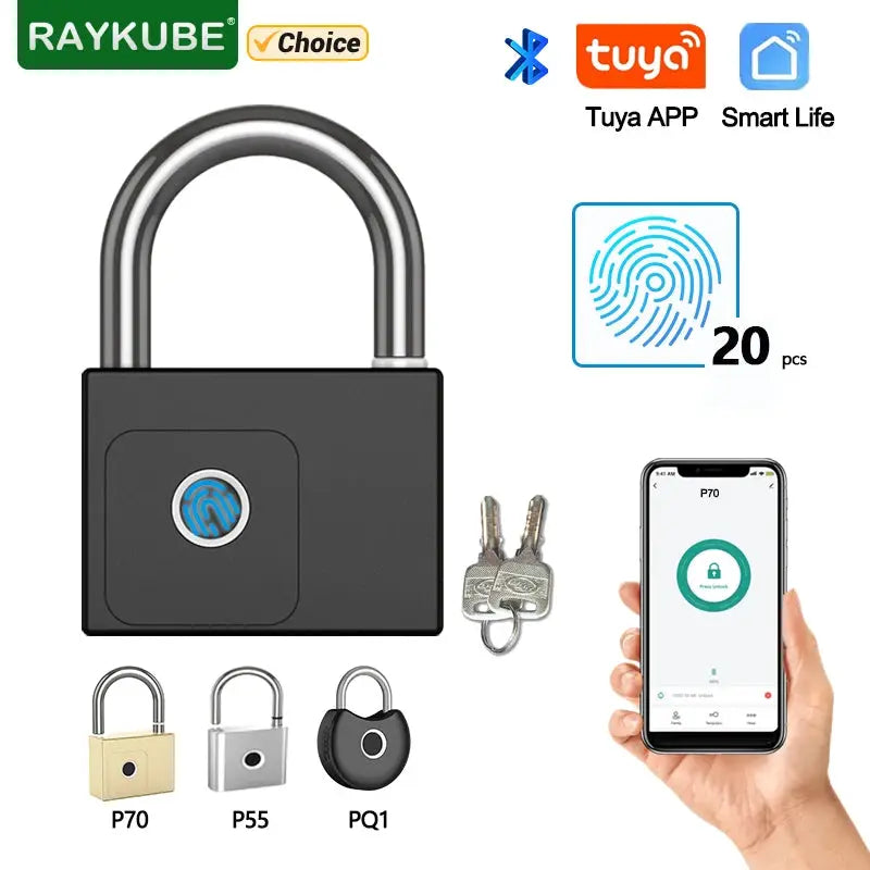 RAYKUBE smart padlock with fingerprint sensor and USB charging; includes 3 variants P70, P55, PQ1 and 20 fingerprint IDs.