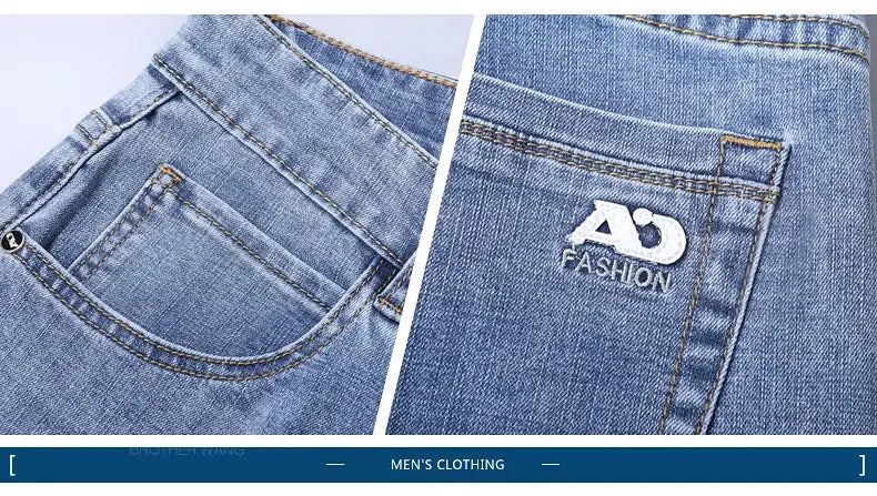 Men's light blue slim stretch denim jeans with AD FASHION logo on back pocket