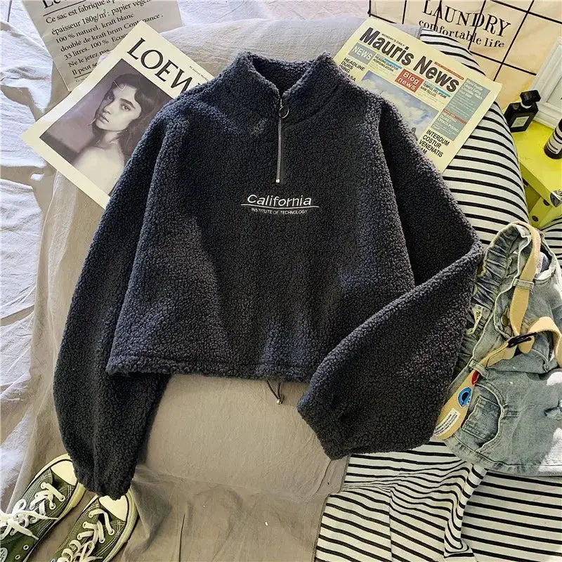VelvetAura Women Stand Neck Fleece Cropped Hoodie With Letter Embroidery For Elegant Velvet Plush Warmth