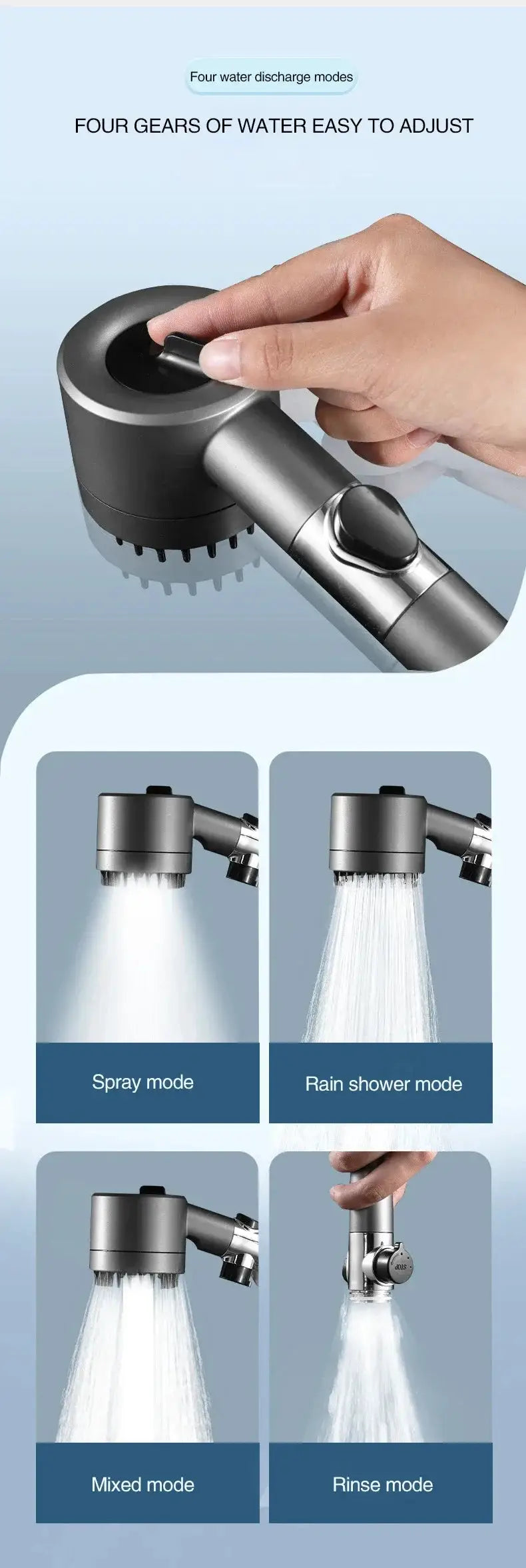 Simples Market 3-Mode adjustable high-pressure shower head in silver with massage brush