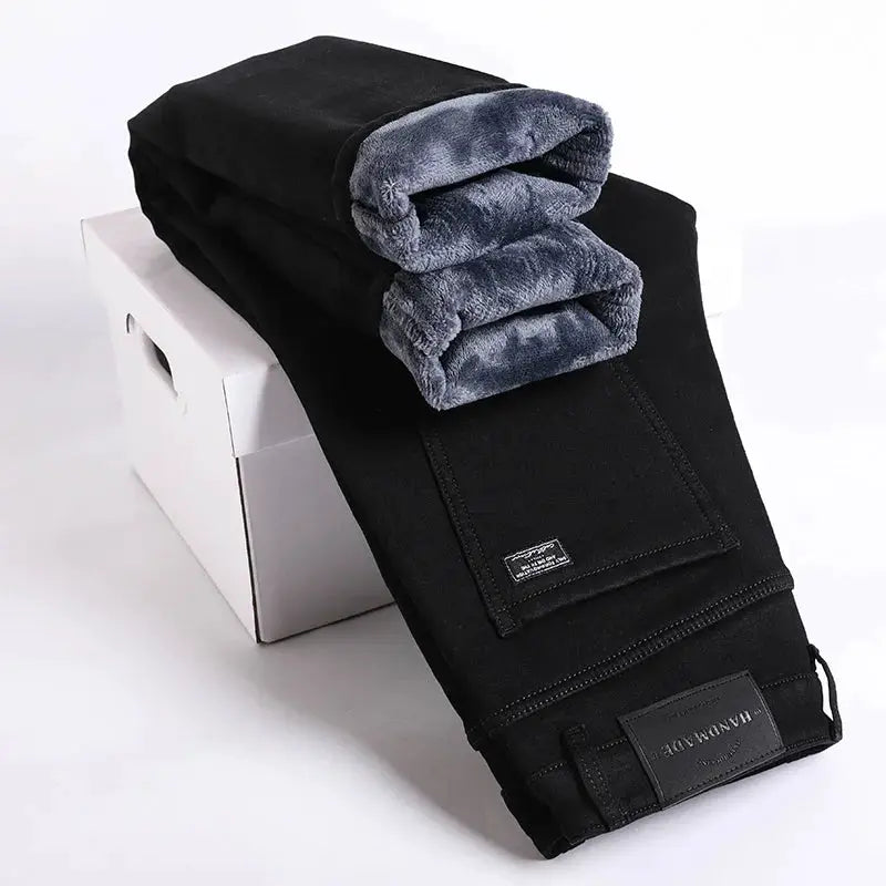 Men's black fleece-lined jeans by Simples Market, slim straight elastic denim pants with plush lining