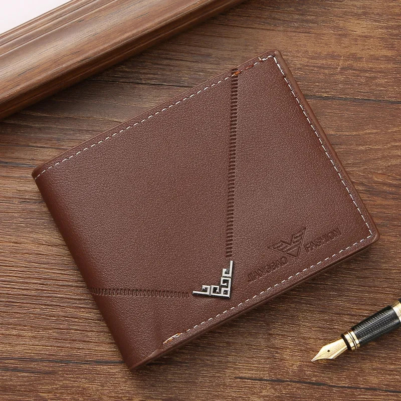 Slim brown leather men's bifold wallet with stitching, RFID blocking.