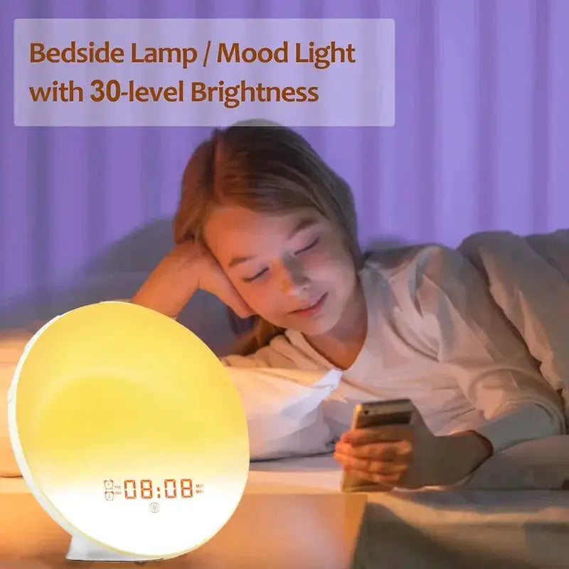 Sunrise alarm clock with circular bedside lamp, sunrise/sunset simulation, warm glow, digital display