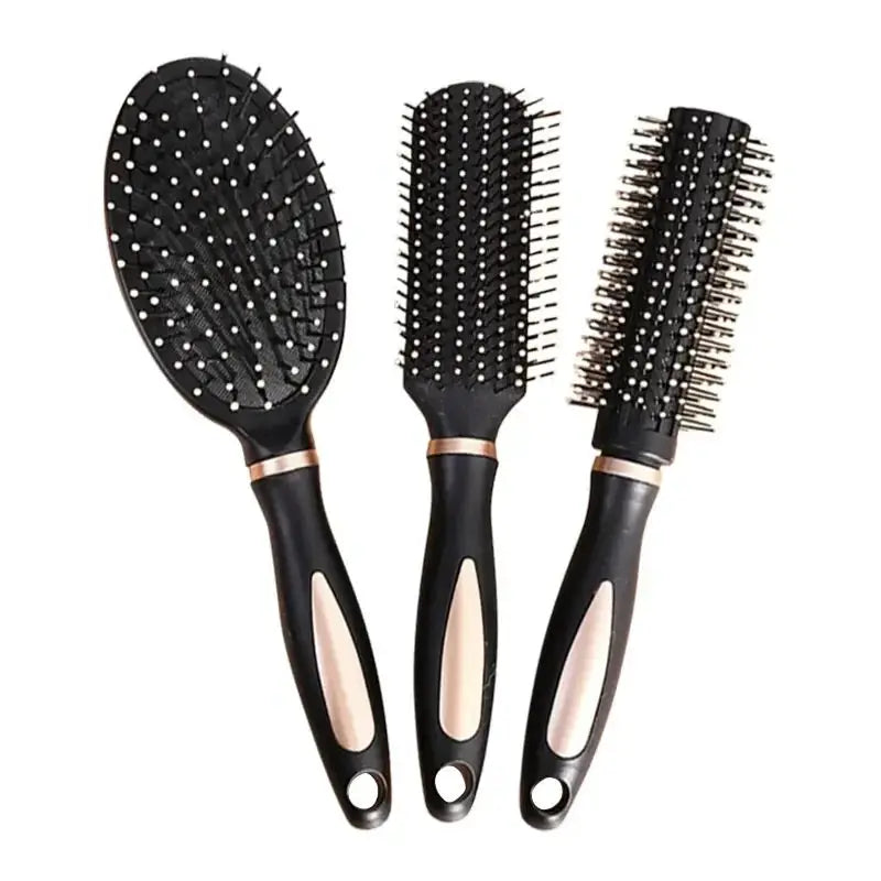 Hair brush set: three black plastic anti-static brushes with rose-gold accents (oval paddle, round, cylindrical).