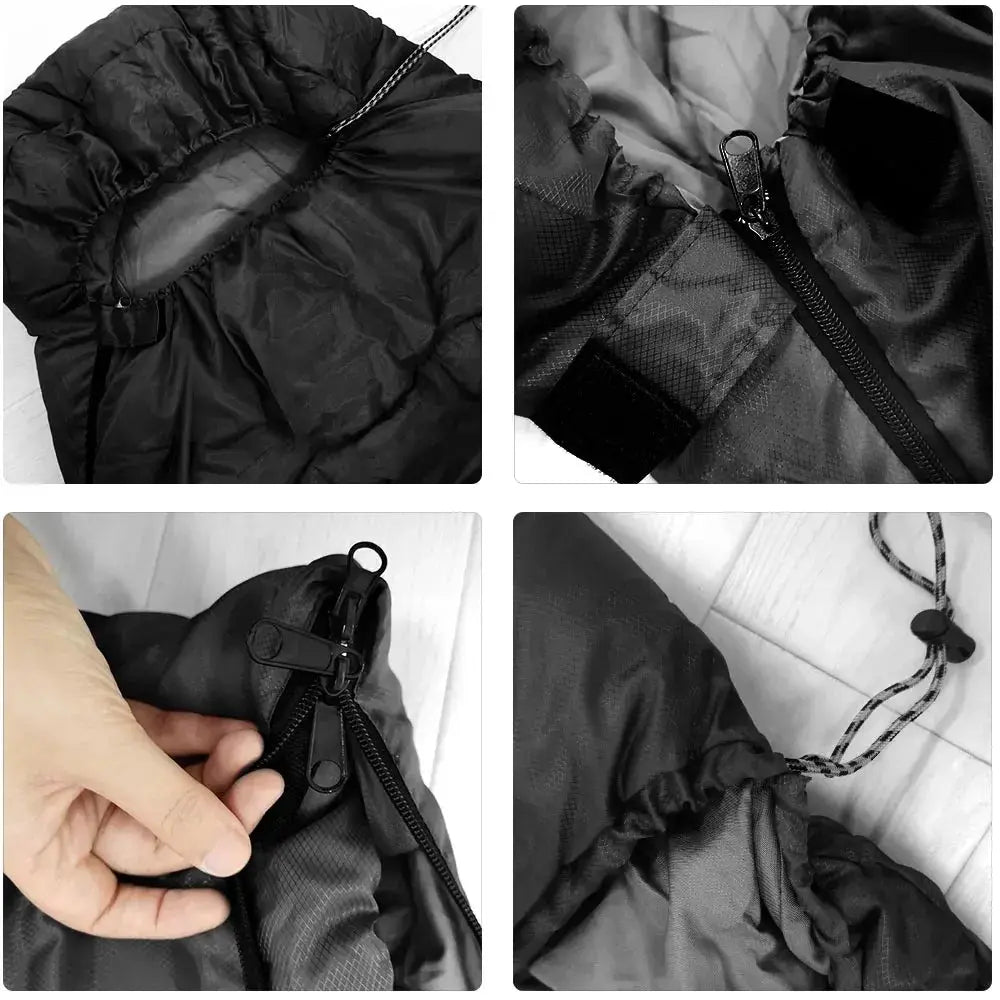 Camping sleeping bag, black, mummy-style with two-way zipper and drawcord hood.