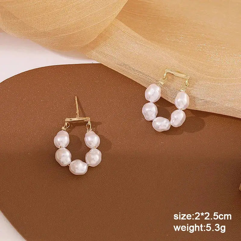 Pearl hoop dangle earrings, white faux pearls on gold-tone hardware, 2 earrings