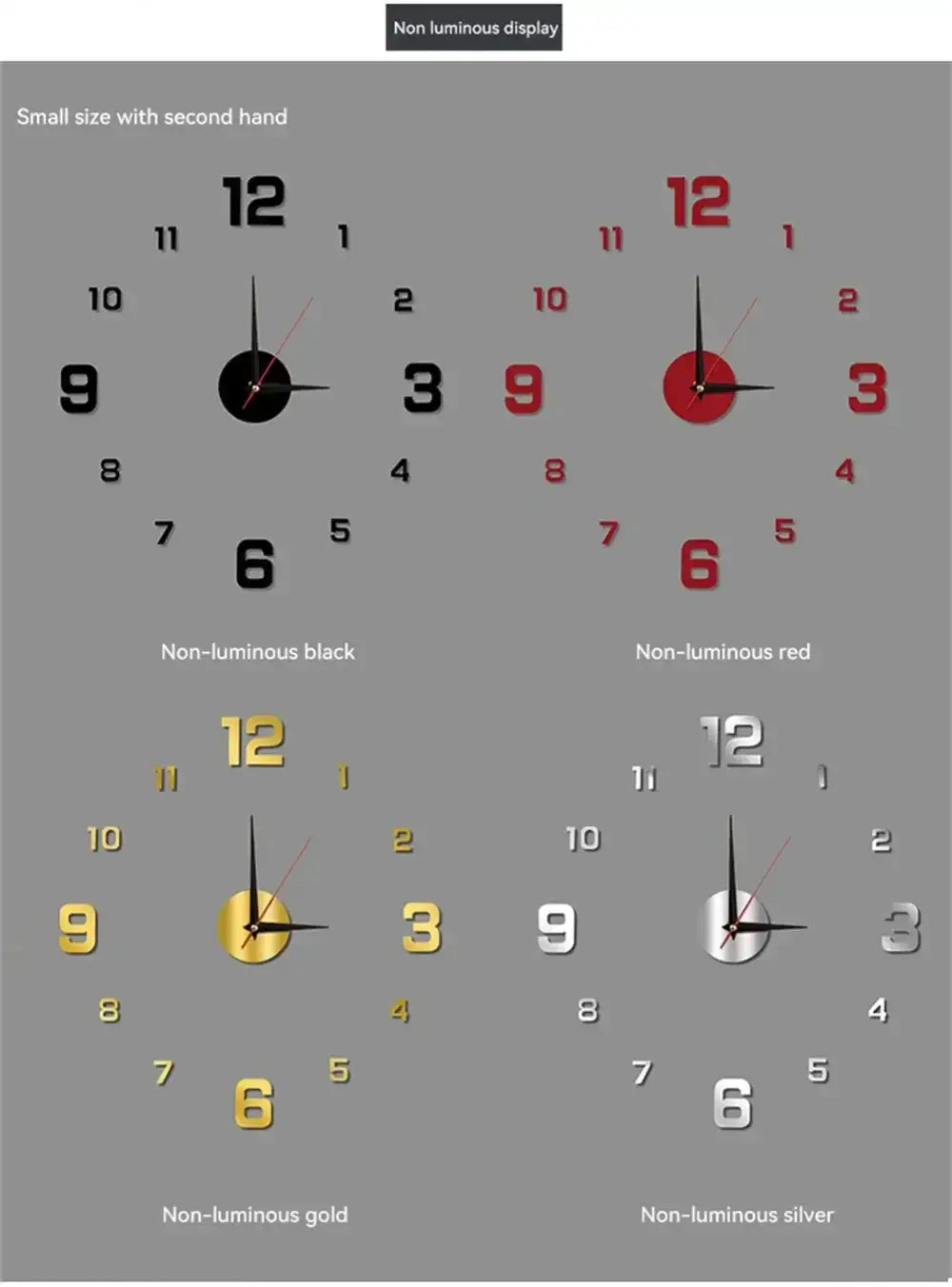 Wall clock set by Simples Market: four analog clocks in black, red, gold, and silver finishes.
