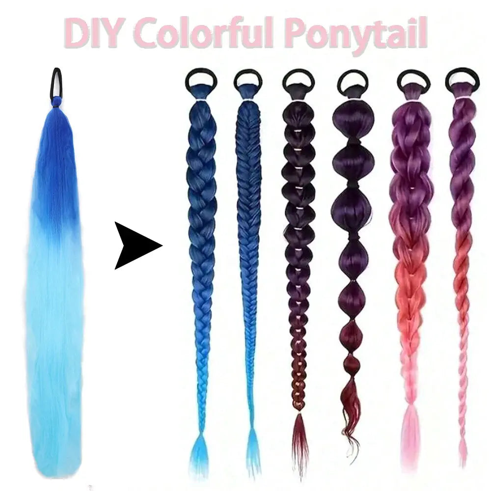 Synthetic Straight Ponytail Extensions 2 Pack With Elastic Hair Tie Colorful Braiding Hair Accessories For Women