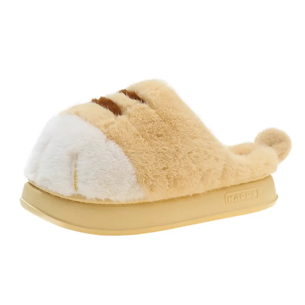 Cat paw plush slippers with beige and white fluffy fur, slip-on home shoes with anti-slip sole
