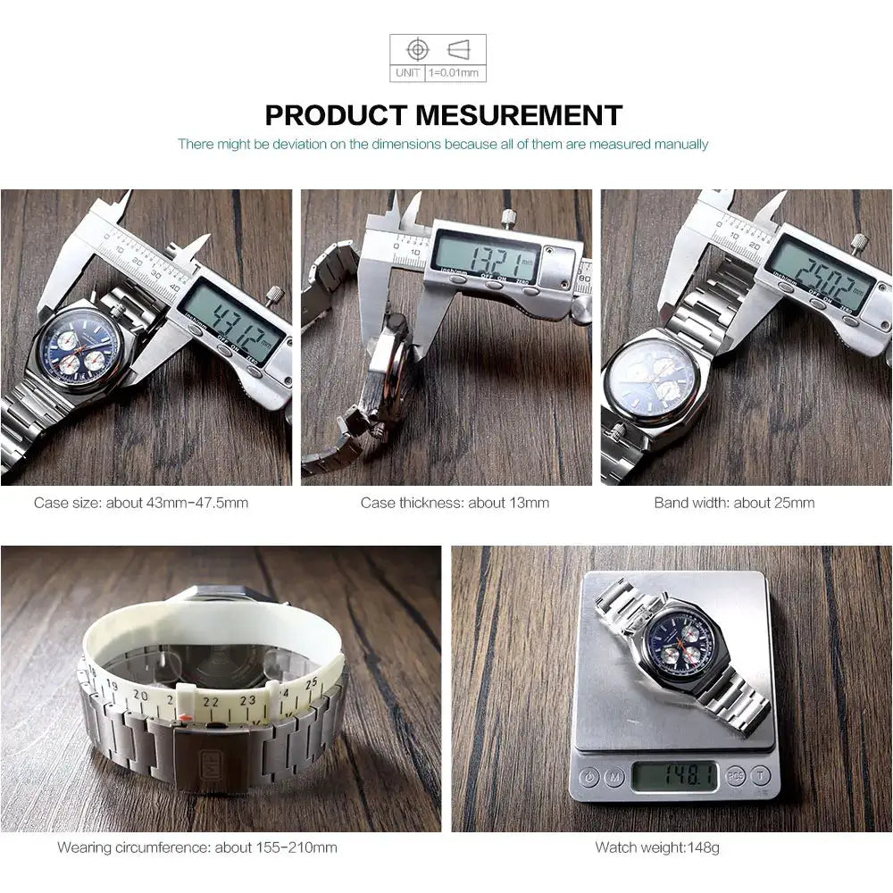 MINI FOCUS chronograph quartz men's watch with stainless steel strap and calendar