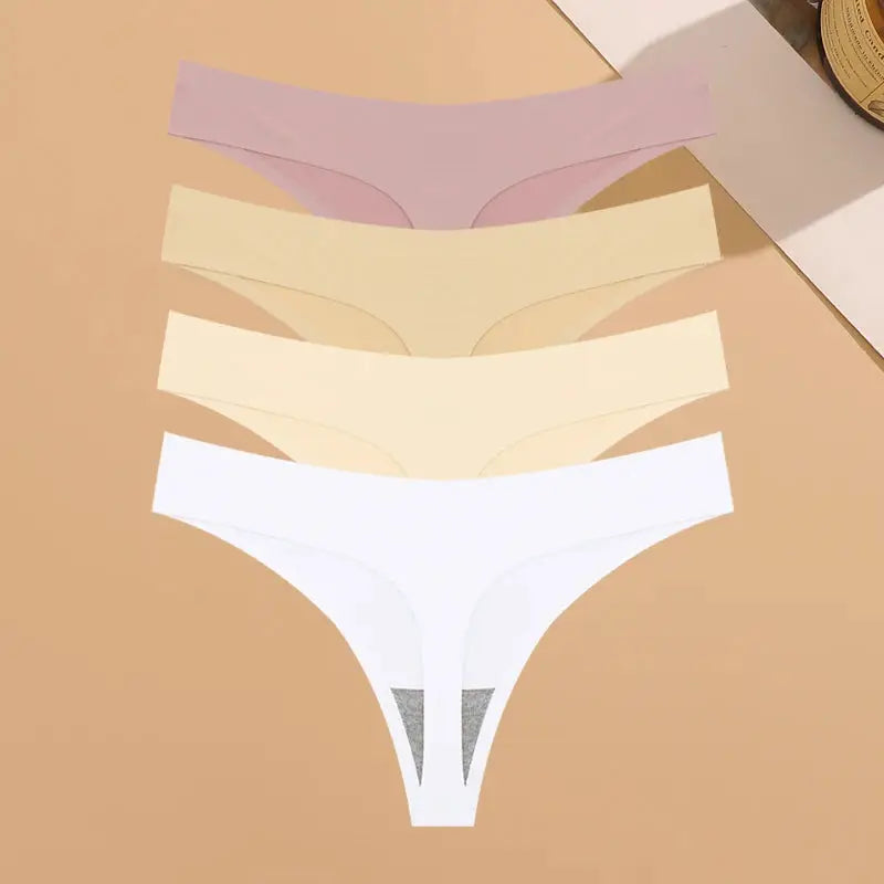 4-pack seamless thong underwear in ice silk, ultra-thin, low-rise; pink, beige, cream, white