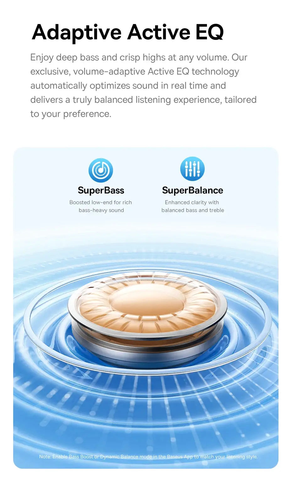 EP10 Pro ANC earbuds banner with Adaptive Active EQ, SuperBass, SuperBalance icons and gold driver