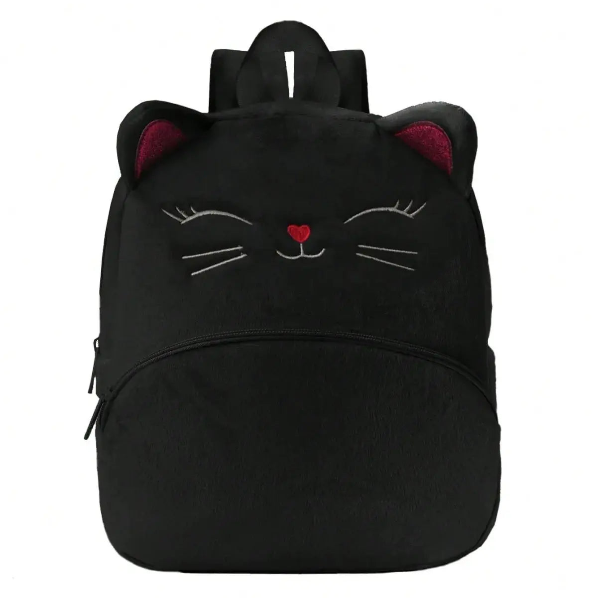 Kids plush cat backpack by Simples Market, black with red heart nose and pink inner ears