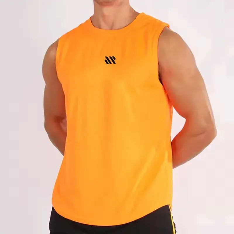 Men's orange sleeveless bodybuilding vest with mesh fabric and Simples Market logo