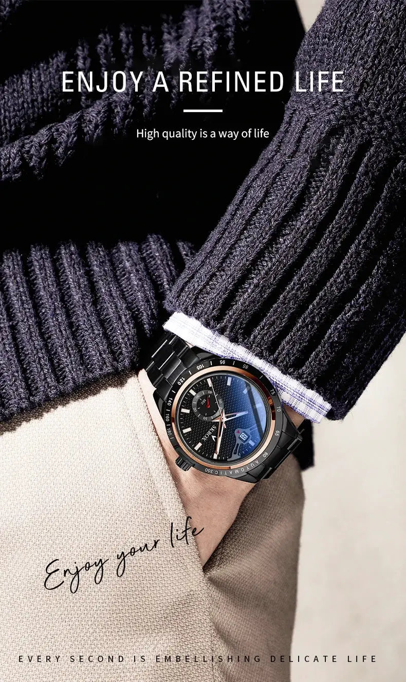 Men's wristwatch SKROX luxury sapphire stainless steel automatic with blue dial on a black bracelet
