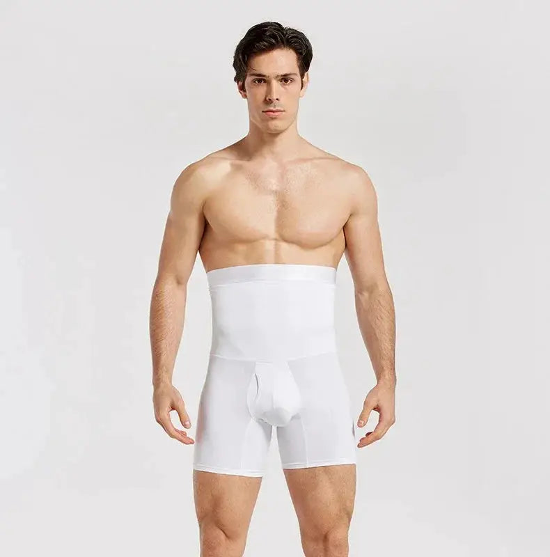 Men's white high-waist tummy-control shapewear shorts boxer-style body shaper