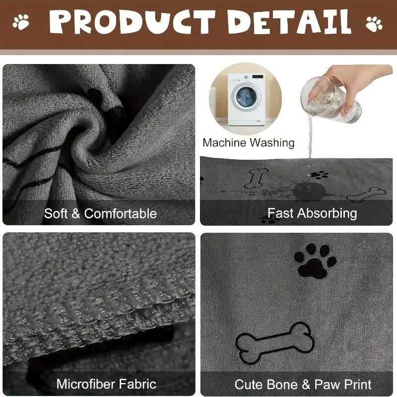 Simples Market microfiber dog towel, dark gray pet bath towel with bone and paw print, soft and fast absorbing.