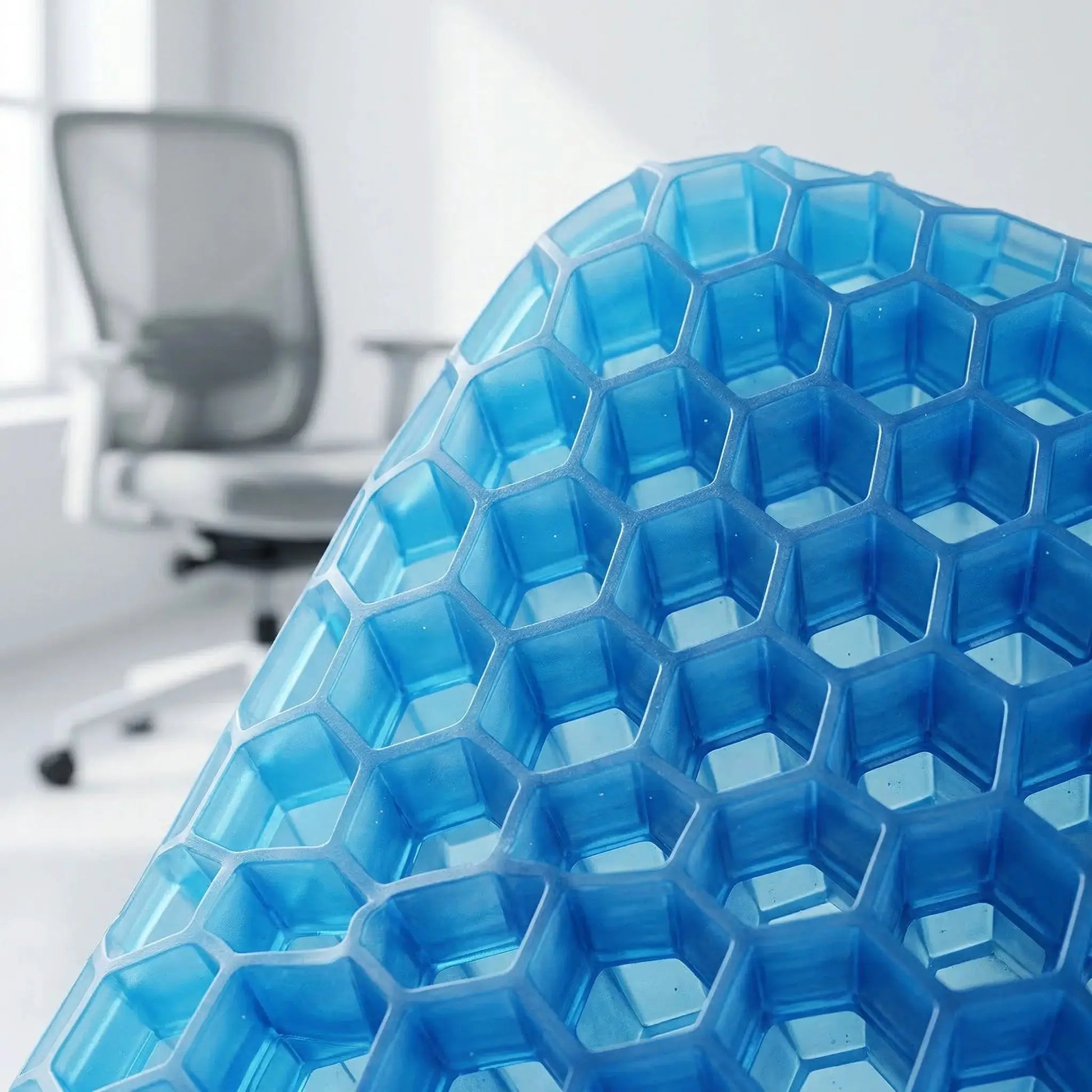Large thick gel seat cushion with blue honeycomb non-slip cover for car or office use