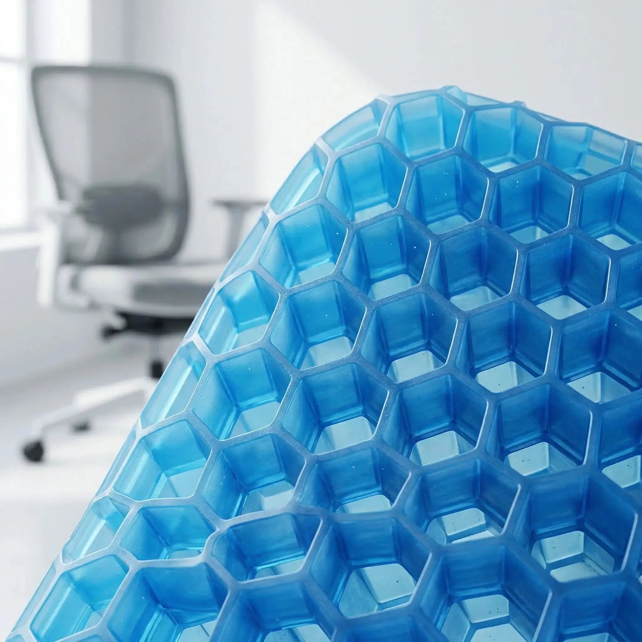 Large thick gel seat cushion with blue honeycomb non-slip cover for car or office use