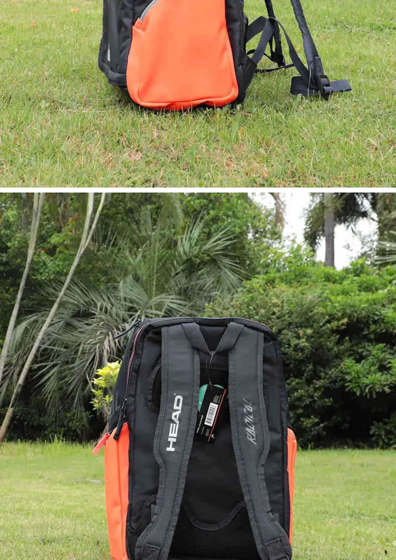 HEAD Radical tennis backpack 2-pack by Simples Market, black with orange panels and padded straps.