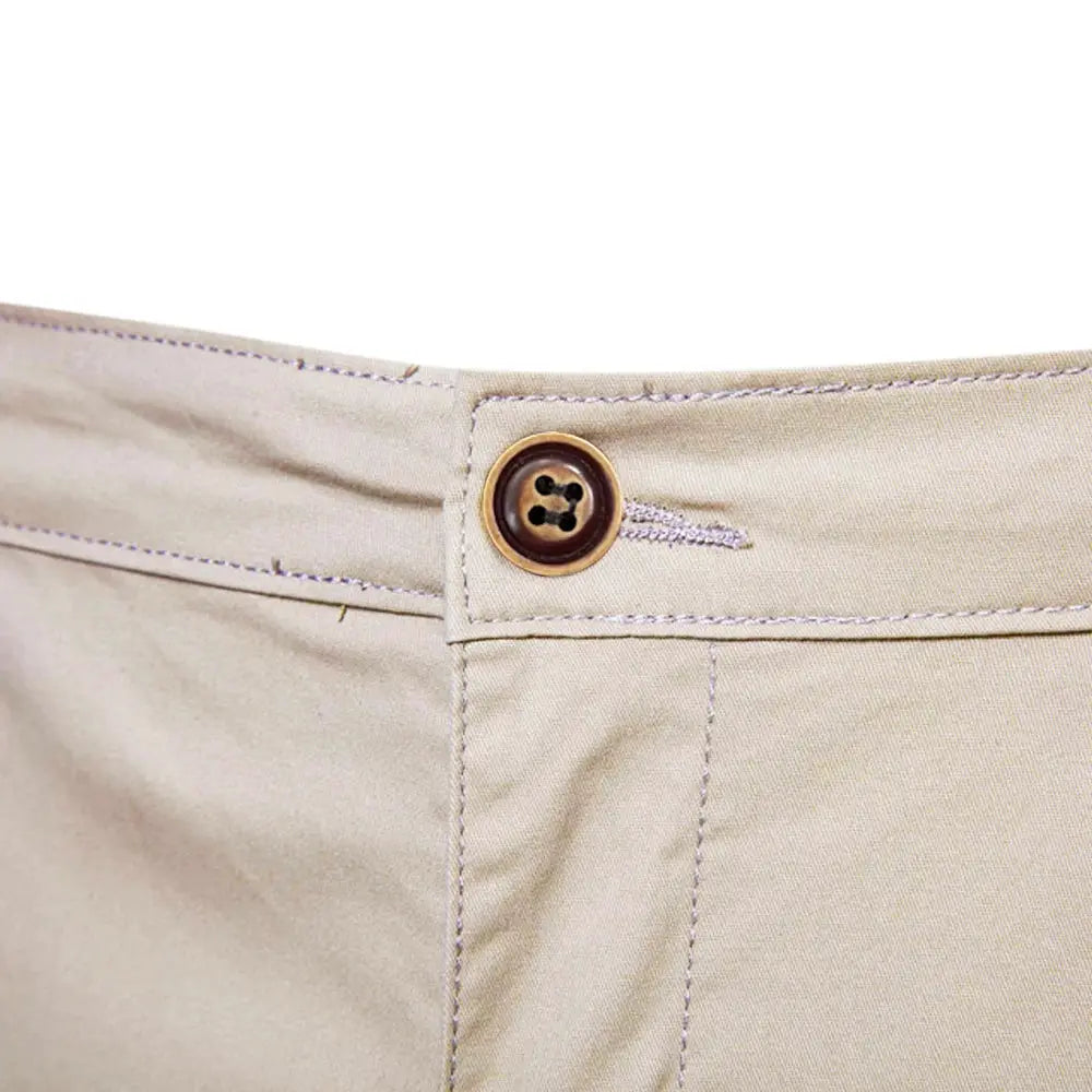 Men's 100% cotton solid khaki shorts with elastic waist and button closure