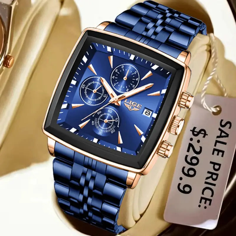 Men's square blue LIGE watch with rose-gold stainless steel case and blue bracelet, waterproof quartz.
