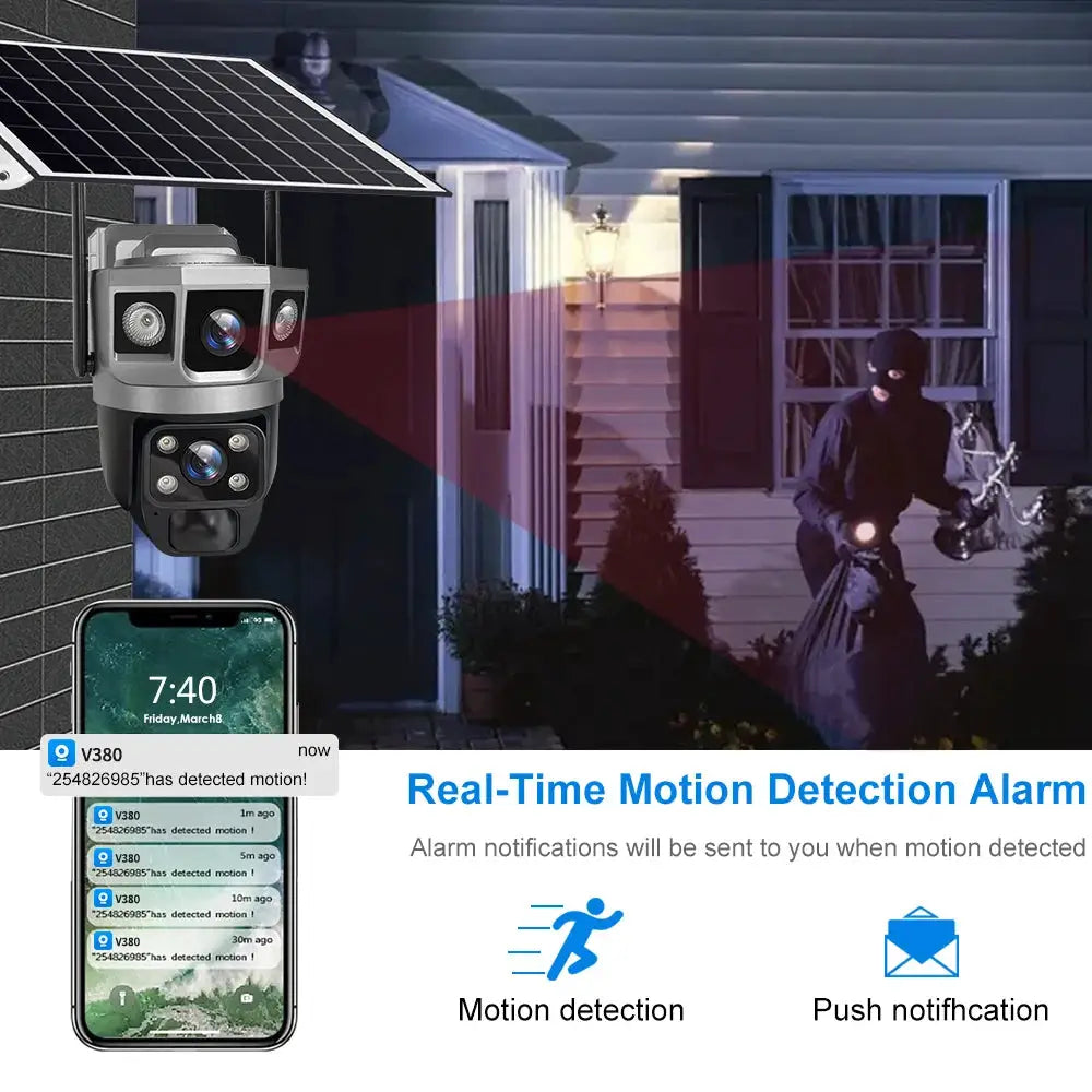 Simples Market V380 Pro 12MP solar WiFi outdoor CCTV camera with dual lenses and real-time motion alerts