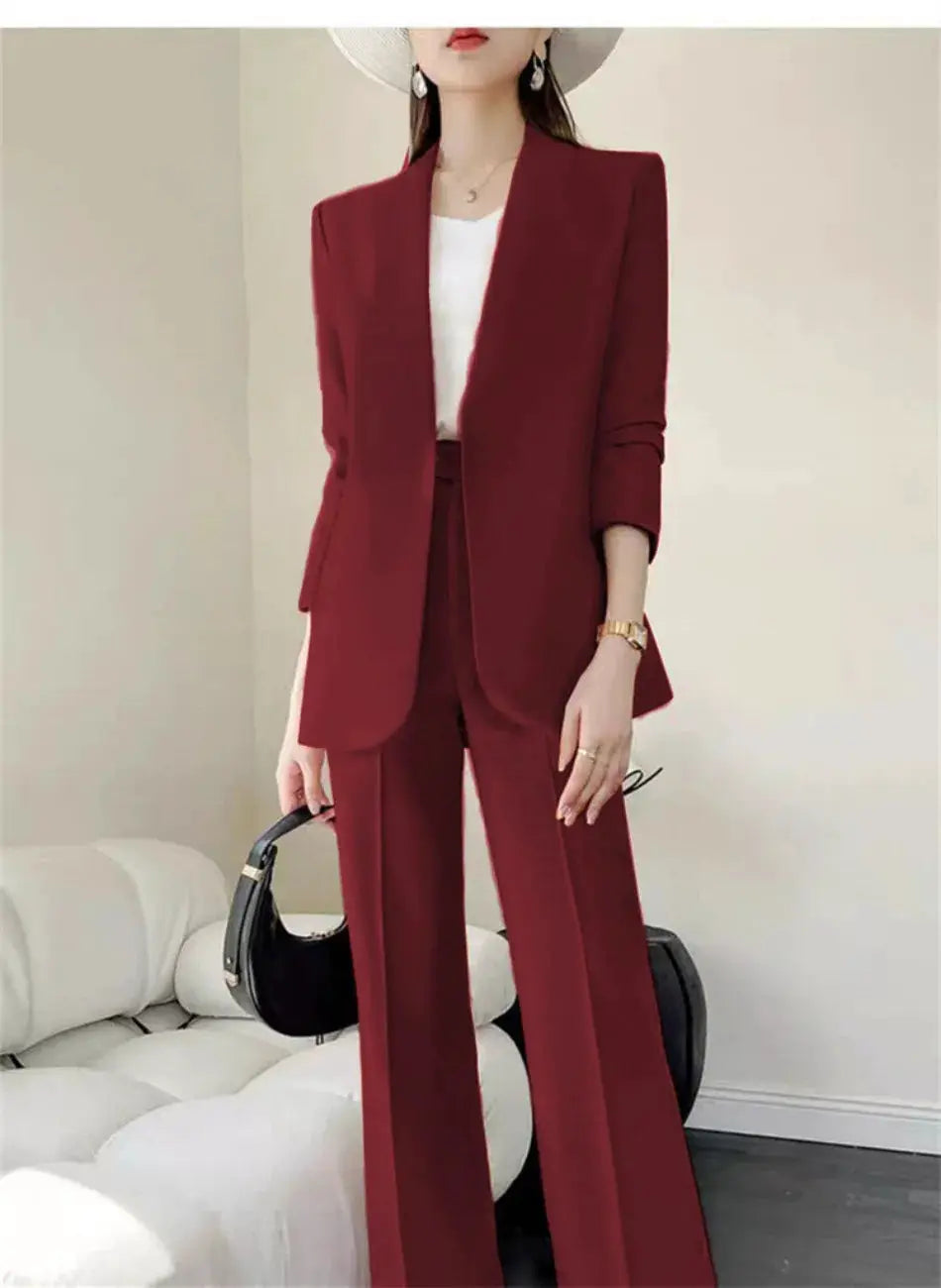 Women's burgundy 2-piece suit with blazer and wide-leg pants, white top, Simples Market