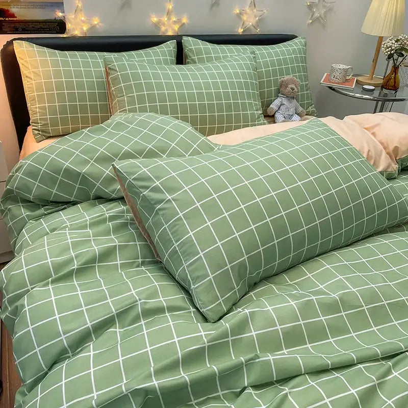 Simples Market Nordic plaid cotton bedding set in sage green with white grid; duvet cover, pillowcases and sheets.