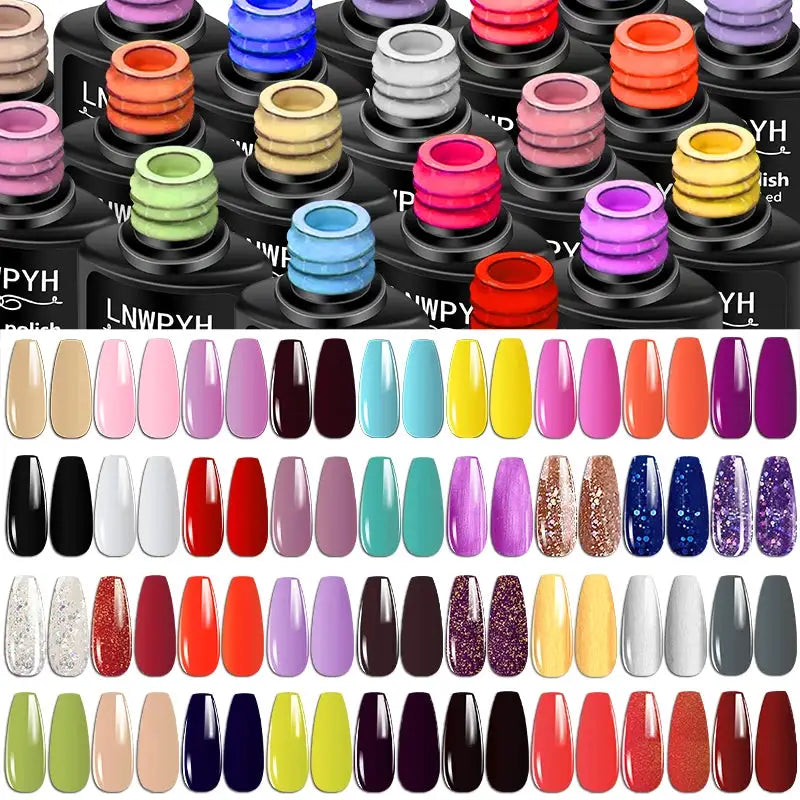 Gel nail polish kit, 42-piece set by Simples Market with assorted UV/LED colors and swatches
