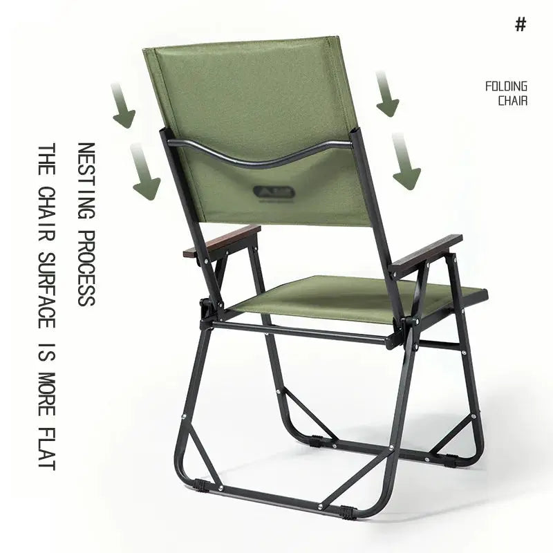 BISINNA outdoor folding camping chair in olive-green fabric with a black metal frame and wooden armrests
