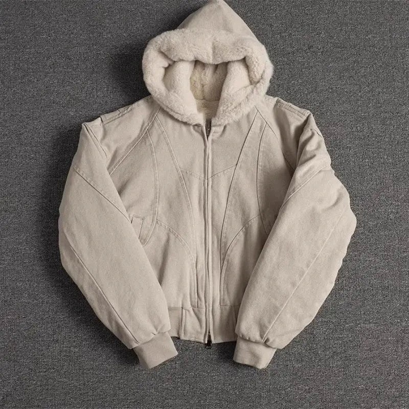 Beige oversized padded jacket with faux fur hood lining, canvas-washed finish, zip front