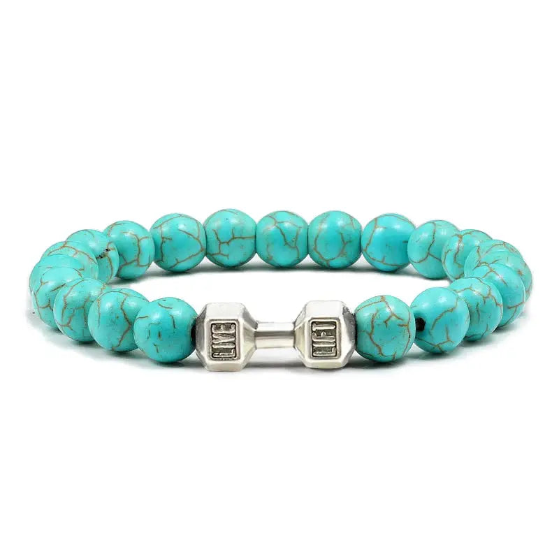 Natural Volcanic Stone Bracelet For Men And Women Matte Black Lava White Beads Dumbbell Charm Strand Fitness Jewelry
