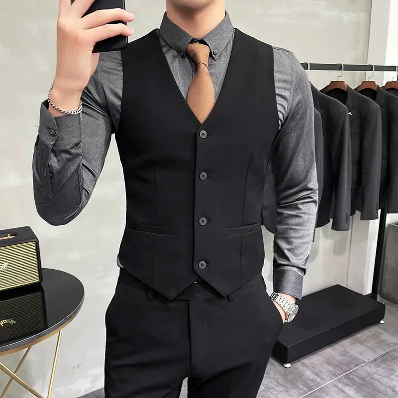 S-7XL men's black waistcoat vest over gray dress shirt with brown tie