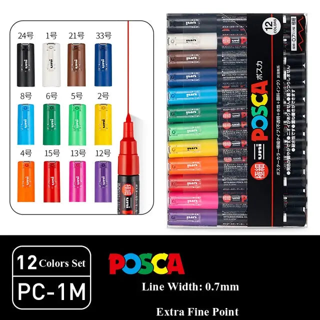 POSCA paint marker set, 12 colors (PC-1M, PC-3M, PC-5M) in original vinyl pen case