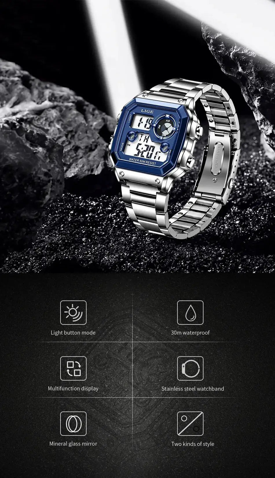 LIGE men's digital sport watch with blue dial and stainless steel band, water resistant.
