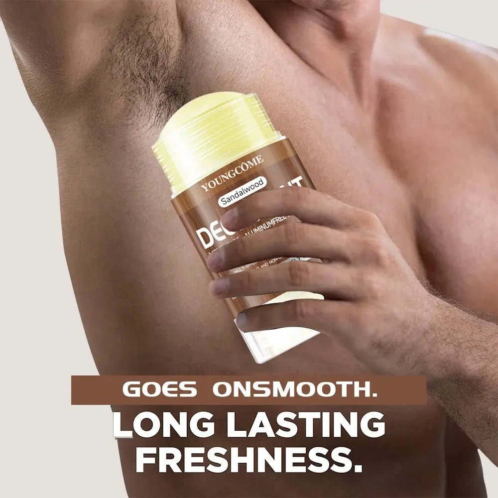 Men sandalwood deodorant stick in brown container with yellow cap, Youngcome brand