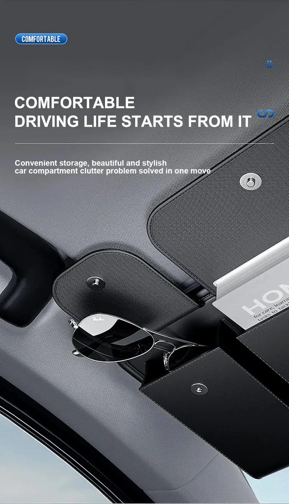 BLALION car sun visor organizer with leather multi-pocket sunglasses holder and card slot, black.