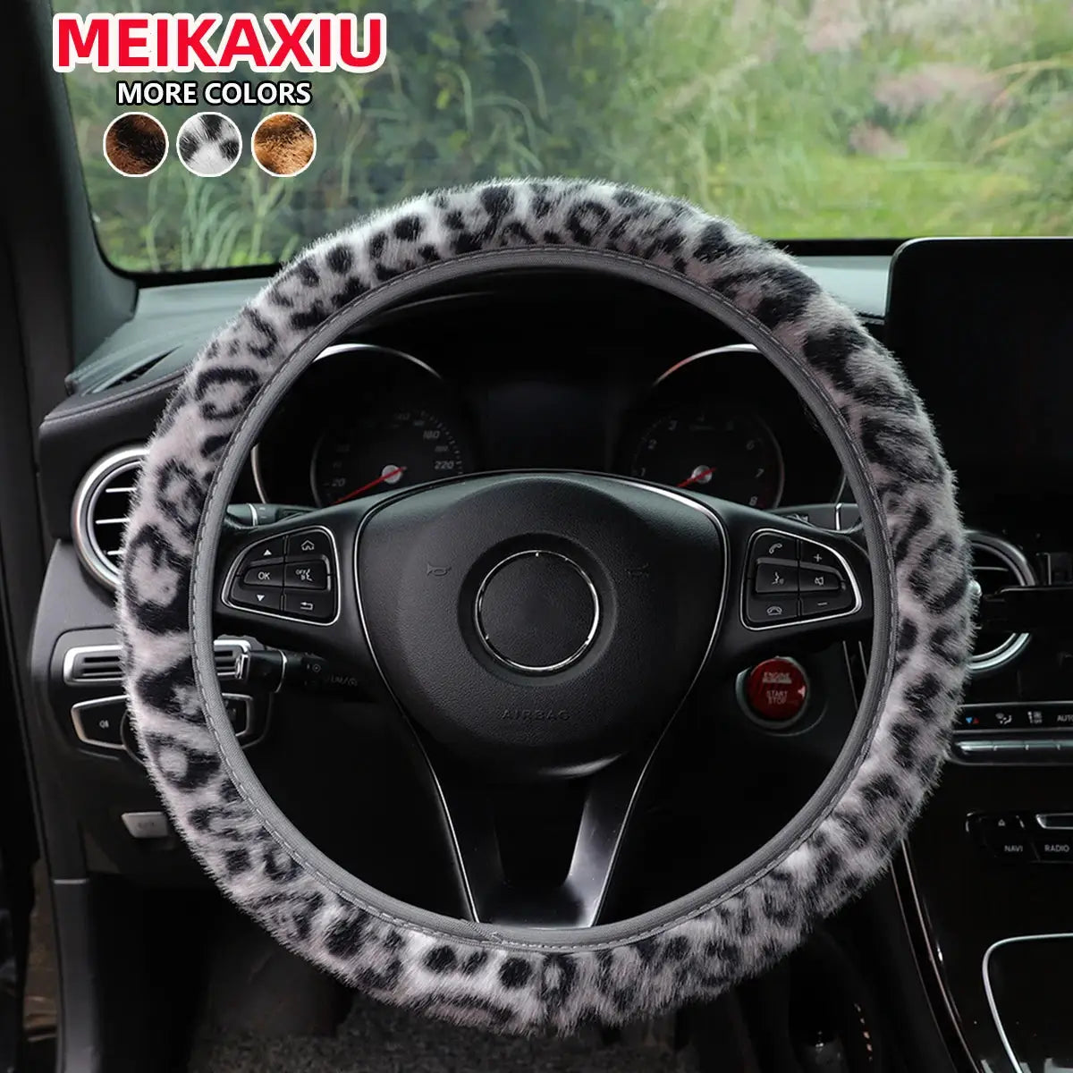 Steering wheel cover leopard print plush without inner ring, car interior accessory by Simples Market