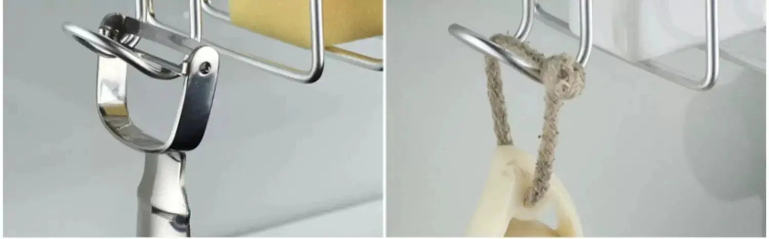 Shower rack by Simples Market; aluminum punch-free bathroom organizer with hooks for soap and sponge.