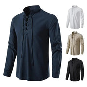 King Billion Mens Cotton Linen Long Sleeve Shirt Vintage English Style With Drawstring Neck US Size Spring Autumn