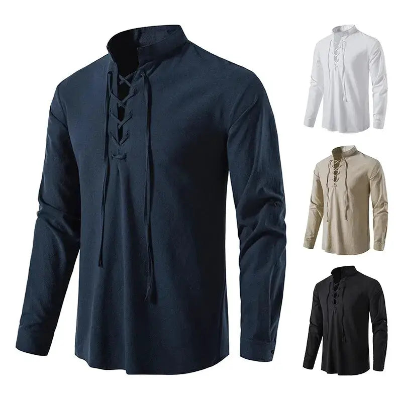 King Billion Mens Cotton Linen Long Sleeve Shirt Vintage English Style With Drawstring Neck US Size Spring Autumn