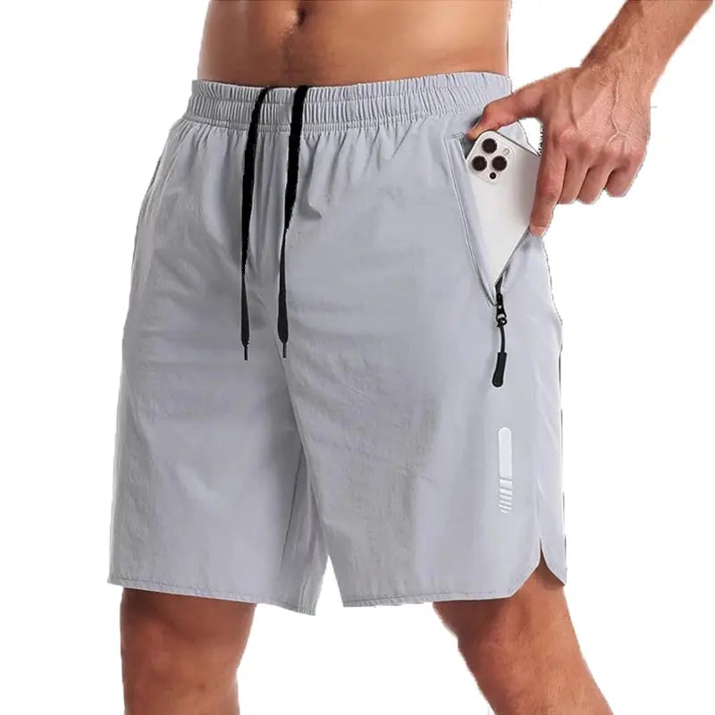 Men's gray sport shorts with black drawstring and zip pocket for gym and running