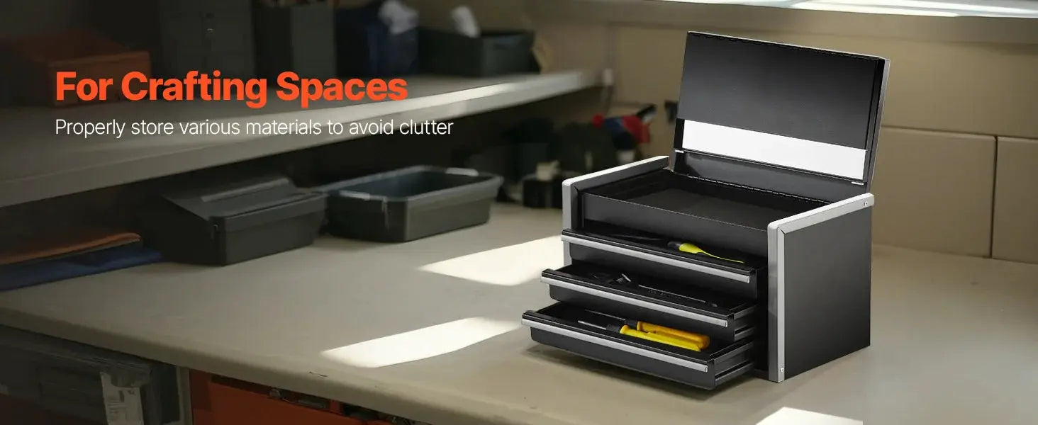 SucceBuy 3-drawer metal tool box on a workbench, black powder-coated finish with feet pads
