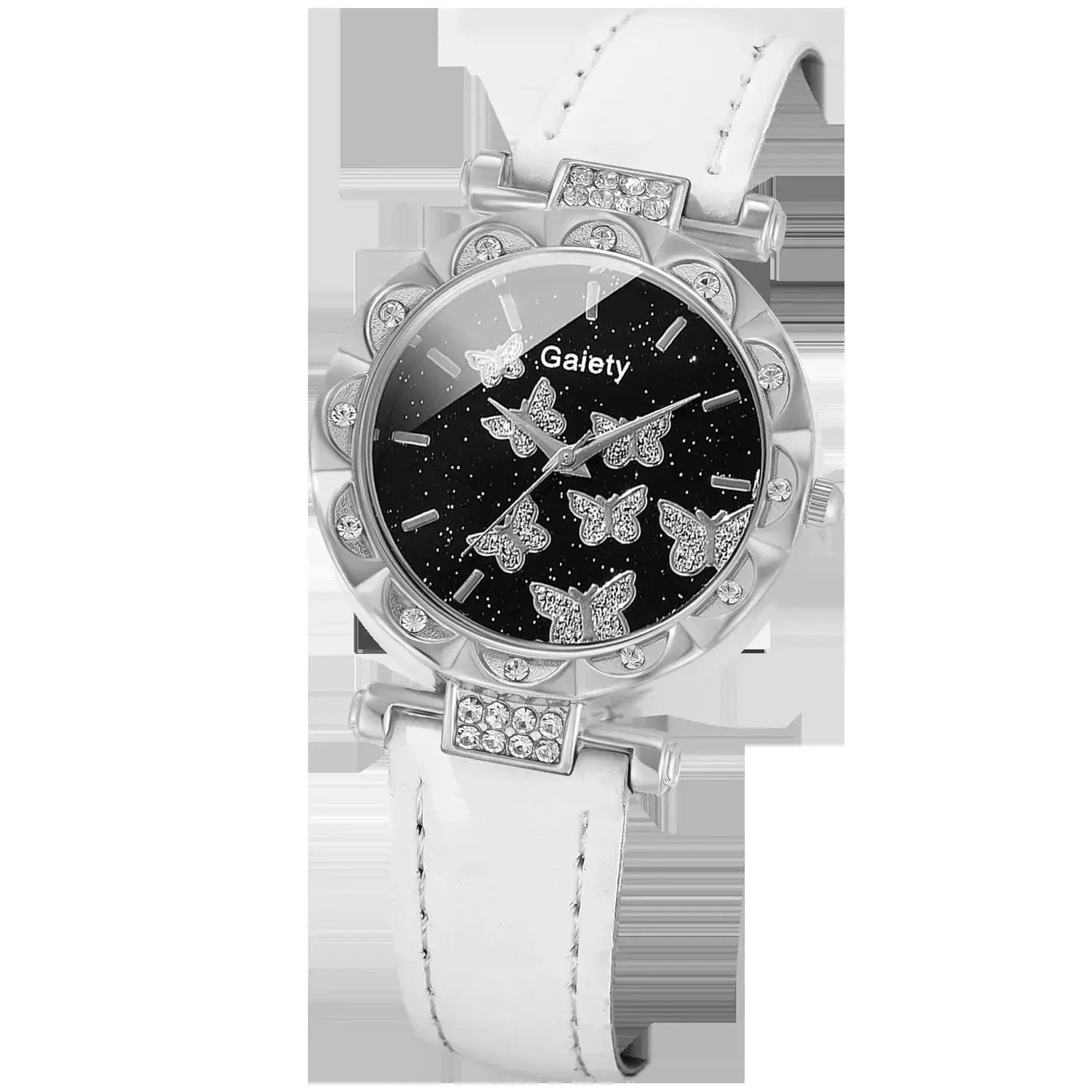Butterfly Lane Watch Set Leather Strap Quartz Wristwatch With Matching Ring Necklace Earrings Bracelet