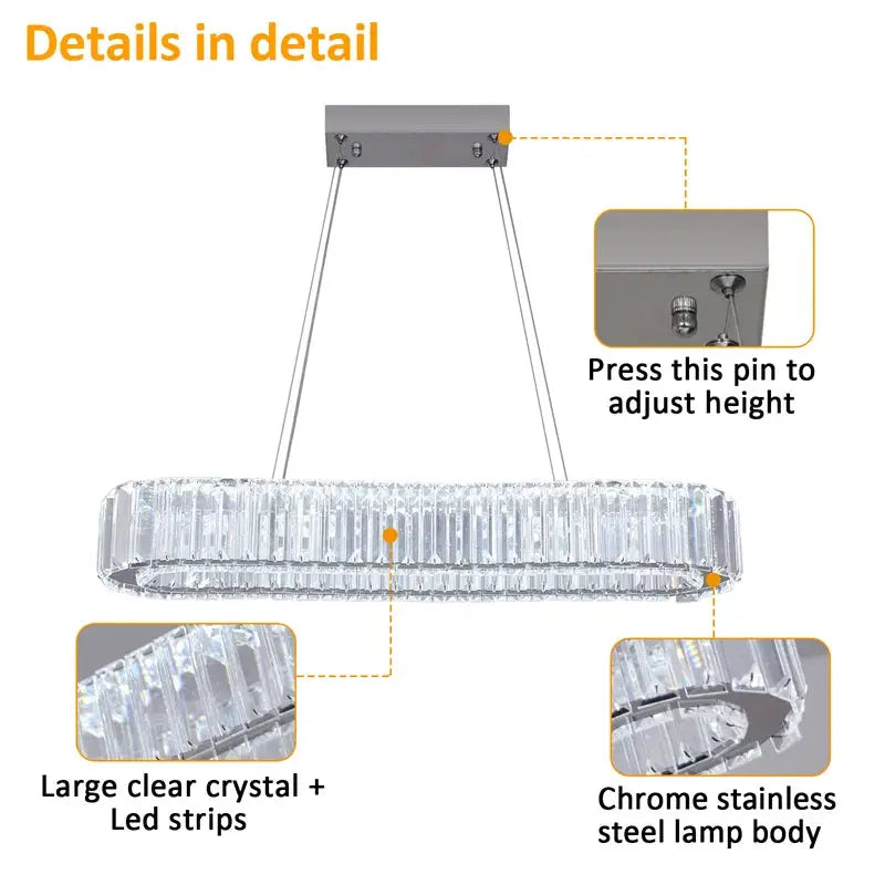 Modern crystal LED chandelier pendant light by Simples Market, chrome body with clear crystal strips; height adjustable.