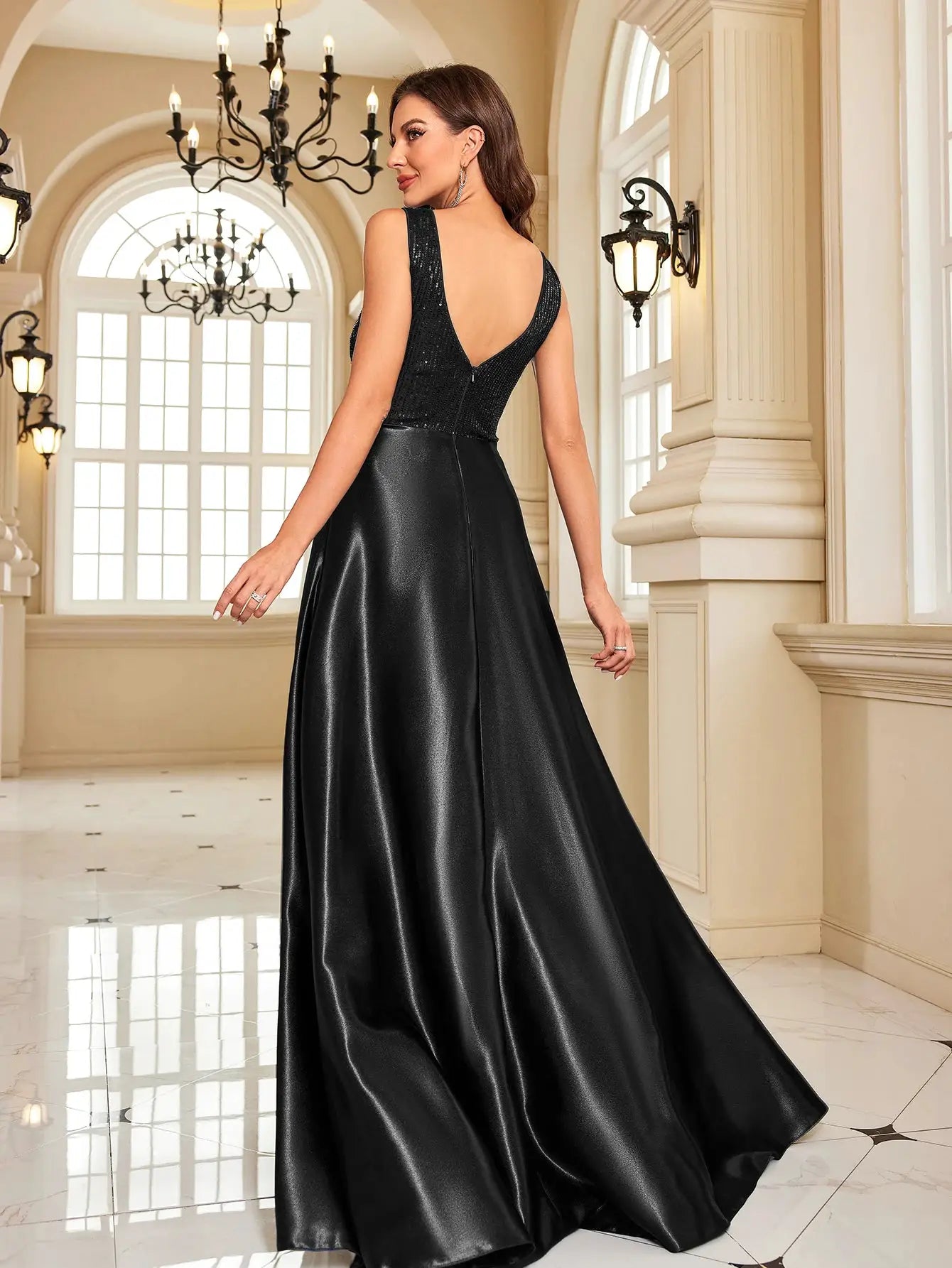 Emerald Green Sequin Evening Dress V Neck Satin Prom Floor Length